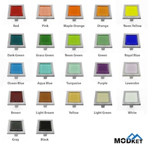 May include: A chart of 20 square cabinet knobs with different colored glass inserts. The colors include red, pink, orange, yellow, green, blue, brown, gray, black, turquoise, purple, lavender, aqua, and white.