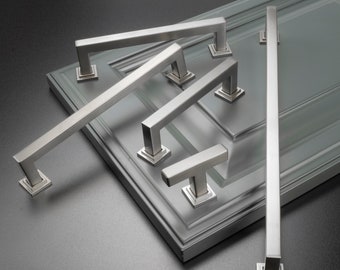 Modket Brushed Nickel Modern Kitchen Cabinet Handles Pulls Knobs Hardware Bathroom Drawer Dresser Square Stainless Steel