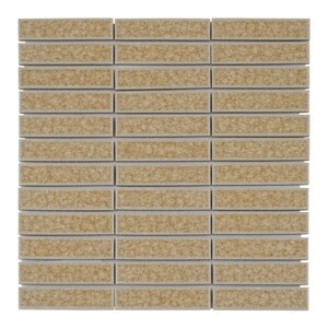 May include: A sheet of beige ceramic tile with a textured surface. The tiles are arranged in a brick pattern.