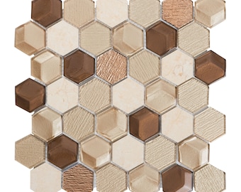 Metallic Beige Hexagon Mosaic Tile: Crema Marfil Stone & Glass Insert