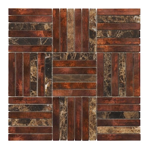 May include: A square mosaic tile sheet with a geometric pattern of brown and copper colored wood-look tiles and dark brown marble tiles.