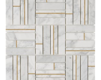 White Carrara Marble Mosaic Tile: Gold Aluminum Inlay, Parquet Backsplash