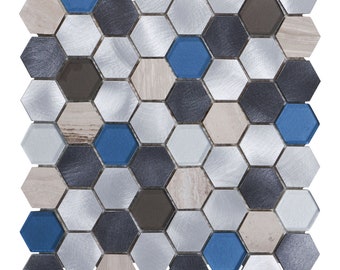 Gray Marble Blue Glass Hexagon Mosaic Tile: Modern Aluminum Backsplash