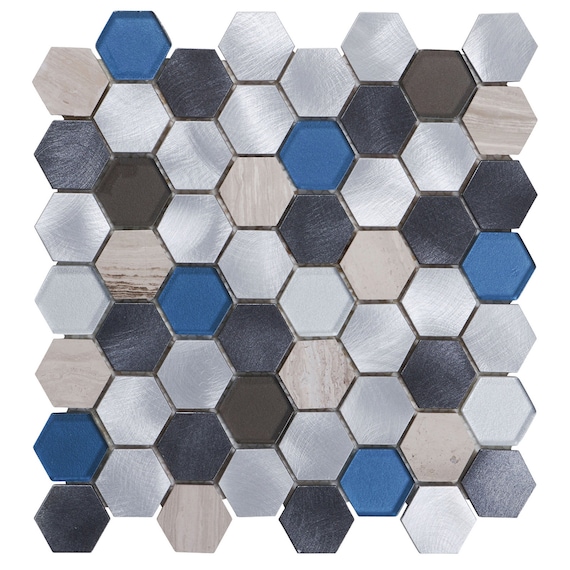 Modket Gray Marble Blue Glass Aluminum Hexagon Mosaic Tile Backsplash Tdh35mdr Prvw Vr~171265866