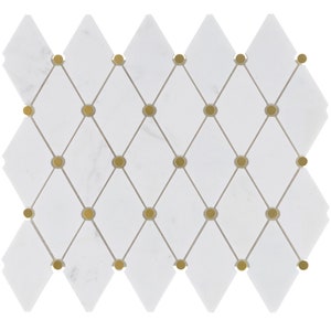 White Cararra Marble Mosaic Tile: Gold Dot Aluminum Diamond Pattern