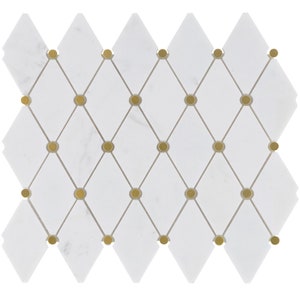 Modket White Cararra Marble Stone Gold Circle Dot Aluminum Metal Modern Mosaic Tile Backsplash Kitchen Bath Bathroom Shower Wall TDH604