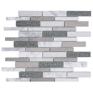 Calacatta Marble & Crackle Glass Mosaic Tile: Linear White Gray Backsplash