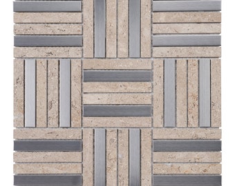 Beige Marble & Stainless Steel Basketweave Mosaic Tile