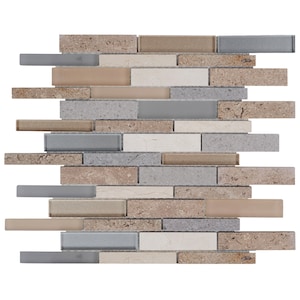 May include: A mosaic tile sheet with a mix of beige, brown, and gray rectangular tiles. The tiles have a textured surface and a random pattern.