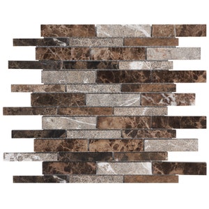 May include: Brown and gray marble mosaic tile sheet. The tiles are arranged in a staggered pattern, creating a brick-like effect.