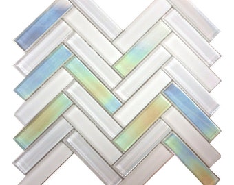 Modket White Crystal Glass, Iridescent, Blended Herringbone Modern Mosaic Tile Kitchen Backsplash Bathroom Shower Wall TDH109MO