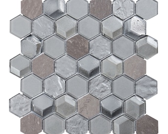 Hexagon Gray Marble & Metallic Glass Mosaic Tile Backsplash