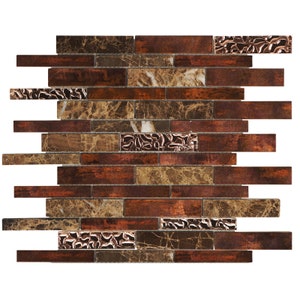 May include: A mosaic tile sheet with a mix of brown, copper, and gold tones. The tiles are arranged in a staggered pattern, creating a unique and modern look.
