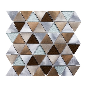 May include: A mosaic tile sheet made of small triangular tiles in silver, brown, and light blue. The tiles are arranged in a geometric pattern.
