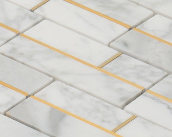 White Carrara Stone Mosaic Tile: Gold Aluminum Inlay Backsplash