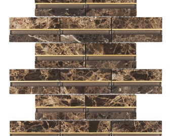 Emperador Brown Stone Mosaic Tile: Gold Aluminum Inlay Kitchen Backsplash