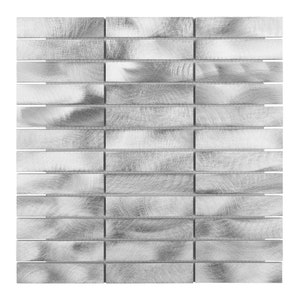May include: A square of brushed silver metal tiles. Each rectangular tile has a textured, swirling pattern. The tiles are arranged in a grid, with thin gray grout lines separating them. The overall effect is a modern, industrial look.