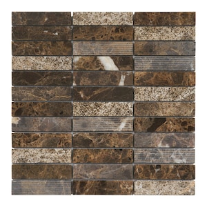 Dark Brown Marble Mosaic Tile: Stacked Texture Kitchen Backsplash