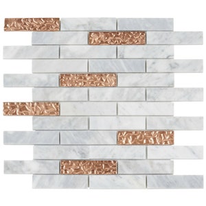 White Carrara Marble & Rose Gold Glass Mosaic Tile Backsplash