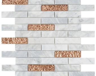 White Carrara Marble & Rose Gold Glass Mosaic Tile Backsplash