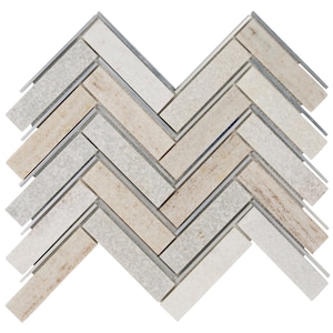 May include: A beige and white herringbone tile mosaic with silver grout lines. The tiles are arranged in a chevron pattern.