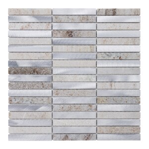 May include: A square mosaic tile pattern featuring alternating horizontal strips of brushed silver metal and speckled beige stone. The stone sections have brown and cream tones, creating a textured, modern look. The tile is suitable for various interior design applications.