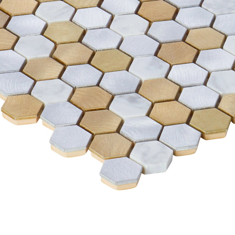 Modket White Calacatta Marble Champagne Gold Metallic Aluminum 1 Hexagon Modern Mosaic Tile Backsplash Kitchen Bath Interior Wall TDH45MDR image 4