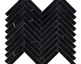 Black Marquino Marble Herringbone Mosaic Tile Backsplash