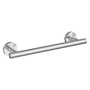 May include: A silver towel bar with rounded ends. The bar is made of metal and has a brushed finish.