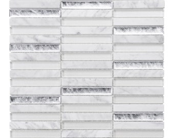 Calacatta Marble Mosaic Tile: White Glass Silver Trim Backsplash
