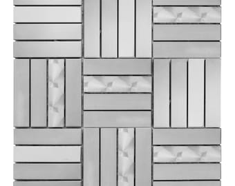 Brushed Nickel Stainless Steel Mosaic Tile: Swirling Parquet Backsplash