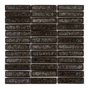 May include: A sheet of dark brown glass mosaic tiles with a textured surface. The tiles are arranged in a grid pattern.