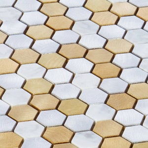 Modket White Calacatta Marble Champagne Gold Metallic Aluminum 1 Hexagon Modern Mosaic Tile Backsplash Kitchen Bath Interior Wall TDH45MDR image 3