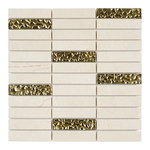 Crema Marfil Marble Mosaic Tile: Beige Stone & Silver Glass Backsplash