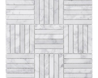 White Calacatta Marble Basketweave Mosaic Tile: Kitchen Backsplash