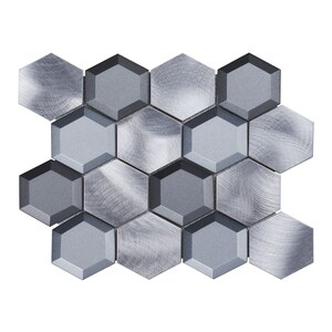 May include: A close-up of a collection of metallic hexagon tiles. The tiles are in shades of gray and silver, with some featuring a brushed metal texture. The arrangement is a modern, geometric design, suitable for interior design projects.