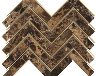 Brown Emperador Stone Mosaic Tile: Gold Aluminum Herringbone Backsplash