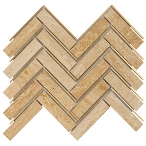 Travertine Herringbone Mosaic Tile: Gold Aluminum Inlay Kitchen Backsplash