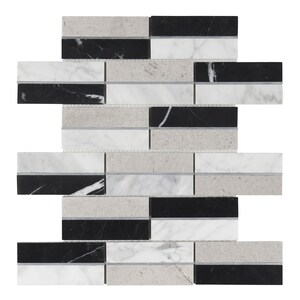 Modern Interlock Mosaic Tile: Black, White, Gray Stone & Silver Aluminum