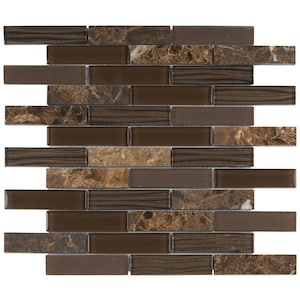 May include: Brown and beige glass and marble mosaic tile sheet. The tile sheet features a mix of rectangular glass and marble tiles in a brick pattern.