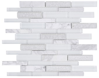 Calacatta Marble Crackle Glass Mosaic Tile: Linear White Backsplash