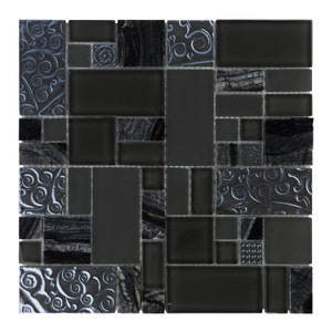 May include: A black and gray mosaic tile sheet with a geometric pattern. The tiles are made of glass and have a glossy finish.