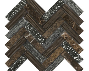 Dark Brown Marble Herringbone Mosaic Tile: Glass Deco Kitchen Backsplash