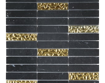 Black Marquina Marble Mosaic Tile: Gold Glass Kitchen Backsplash