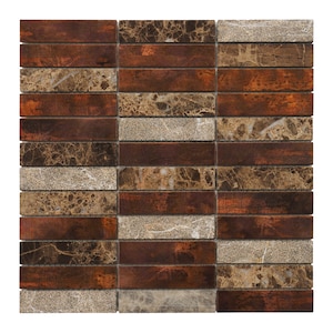 Modket Brown Emperador Dark Marble Stone Antique Copper Metal Stacked Modern Mosaic Tile Backsplash Kitchen Bathroom Shower Wall TDH239AC