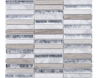 Calacatta Marble Mosaic Tile: White, Beige, and Silver Glass Stacked Backsplash