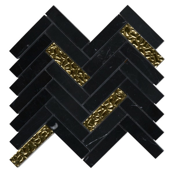 Modket Black Marquina Marble Stone Gold Glass Insert Blended Herringbone Modern Mosaic Tile Kitchen Backsplash Shower Interior Wall TDH155MO