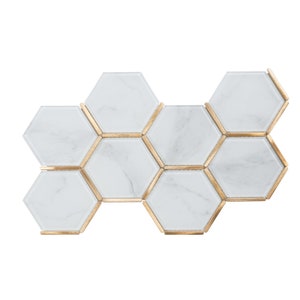 Calacatta White Glass Hexagon Mosaic Tile with Gold Metal Trim