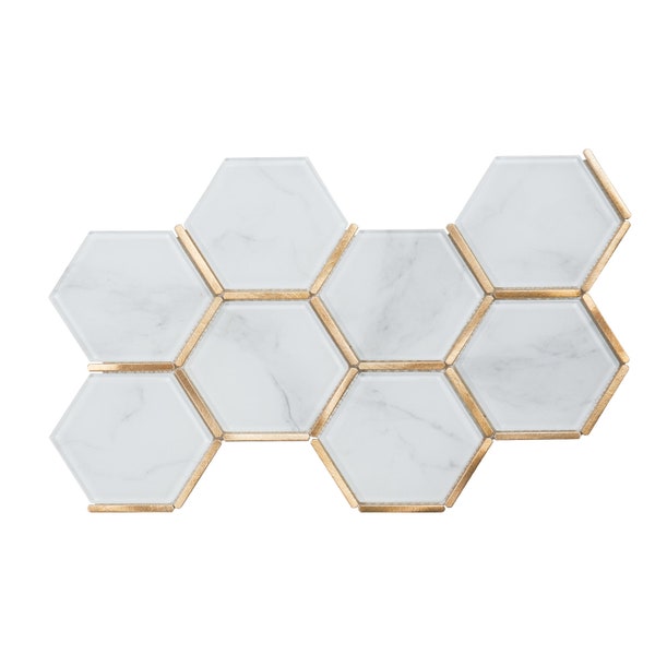 Calacatta White Glass Hexagon Mosaic Tile with Gold Metal Trim