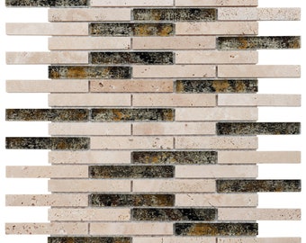 Modket Beige Sand Travertine Stone Glass Brick Joint Modern Mosaic Tile Backsplash Kitchen Bath Bathroom Shower Interior Wall TDH306NS